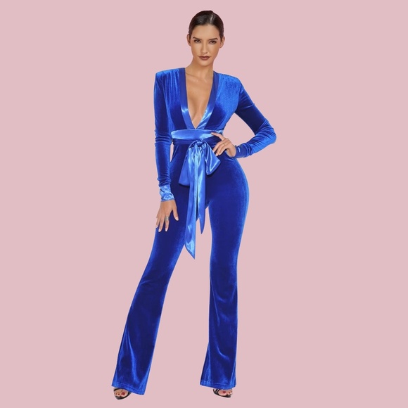 Sapphire Velvet Belted Jumpsuit - Picture 1 of 4